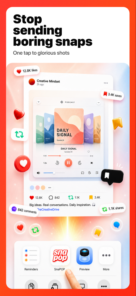 SnaPOP App Store preview showing a polished social screenshot result